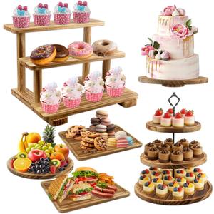 Esmorah Wooden Dessert Table Display Set of 6, Cake and Cupcake Stand Combo (Includes: 2 Three-tier Wooden Cupcake Stands, 1 Cake Stand with Base, 3 Wood Cupcake Display Trays) for Wedding/Party