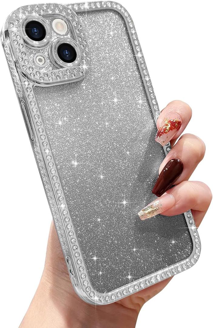 Compatible with iPhone 13 Case with Glitter Sparkle Diamond, Women Girls Shiny Crystal Rhinestone TPU Bumper Protective Case Cover foriPhone 13 6.1 Inch,Silver