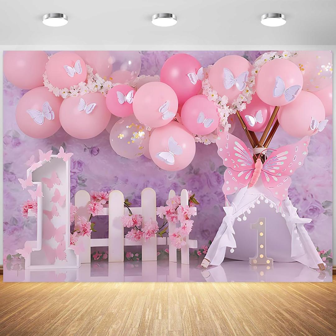 7x5ft Happy 1st Birthday Backdrop for Girls Pink Butterfly Flowers Balloons Photography Background Baby Girl First Birthday Party Decorations Wallpaper Photo Studio Props