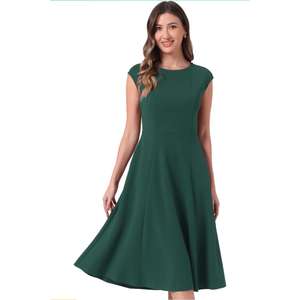 Allegra K Wear to Work Office Dress for Women's 2025 Cap Sleeve with Pockets A-Line Dress Green XL