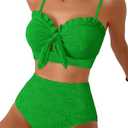 Herseas Women's High Waisted Tummy Control Bikini Sets Textured 2 Piece 2026 Summer Swim Suits Ruffle Supportive Bathing Suit Trendy Green Swimming Outfits, X-Large