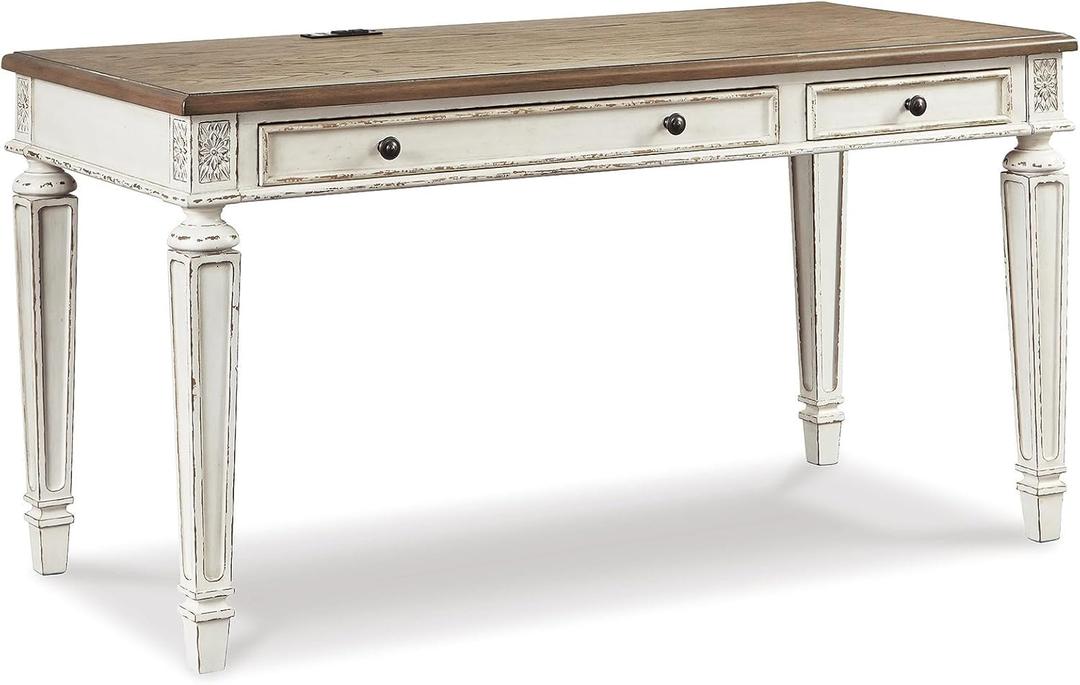 Signature Design by Ashley Realyn Farmhouse Home Office Desk, 2 Drawers, Drop-down Drawer, USB Charging, Wood, 60" W x 28" D x 31" H, Chipped White and Brown