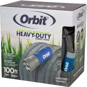 Orbit ExoJacket Fabric Garden Hose  100 ft x 5/8 in  HeavyDuty Fabric  Durable ExoJacket Construction  Antikink Technology for Constant Water Flow  Lightweight ProfessionalGrade Hose  33180