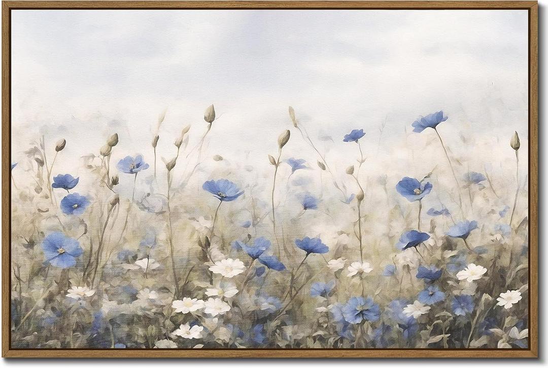 Vintage Floral Wall Art Blue White Flower Canvas Art Prints Wildflower Pictures Wall Decor Nature Landscape Oil Painting Framed Botanical Artwork for Girls Room Bedroom Farmhouse Decoration, 24''x36''