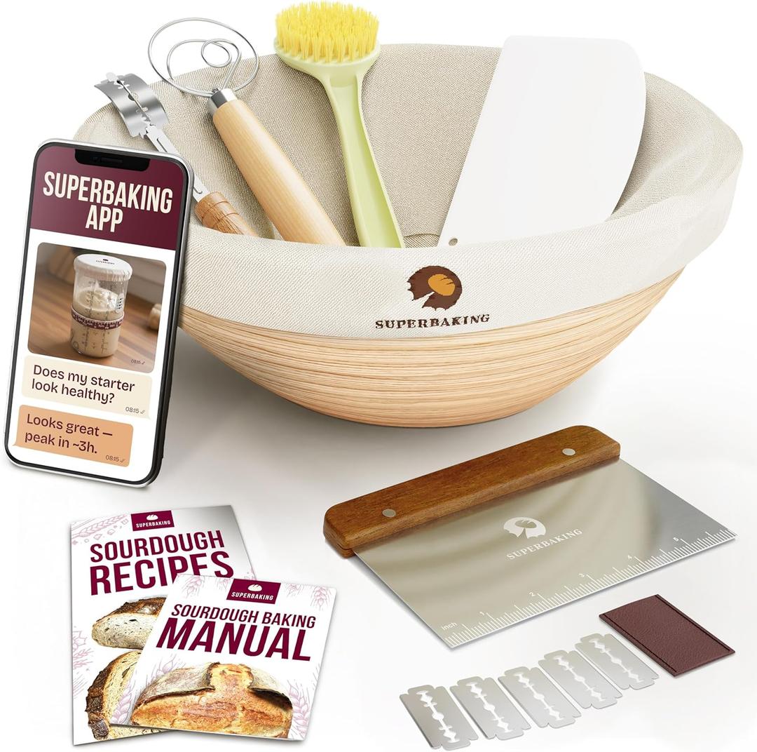 Superbaking Banneton Bread Proofing Basket, Sourdough Bread Baking Supplies, Round 9 Inch Sourdough Starter Kit, Proofing Basket for Baking, Bread Making Supplies Tools, Banneton Basket Gift Set