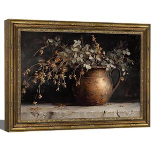 Gold Framed Vintage Eucalyptus Canvas Wall Art Rustic Farmhouse Copper Vase Botanical Pictures Print Moody Autumn Still Life Wall Decor for Living Room Bedroom Kitchen Office Home Decoration 9x11 inch