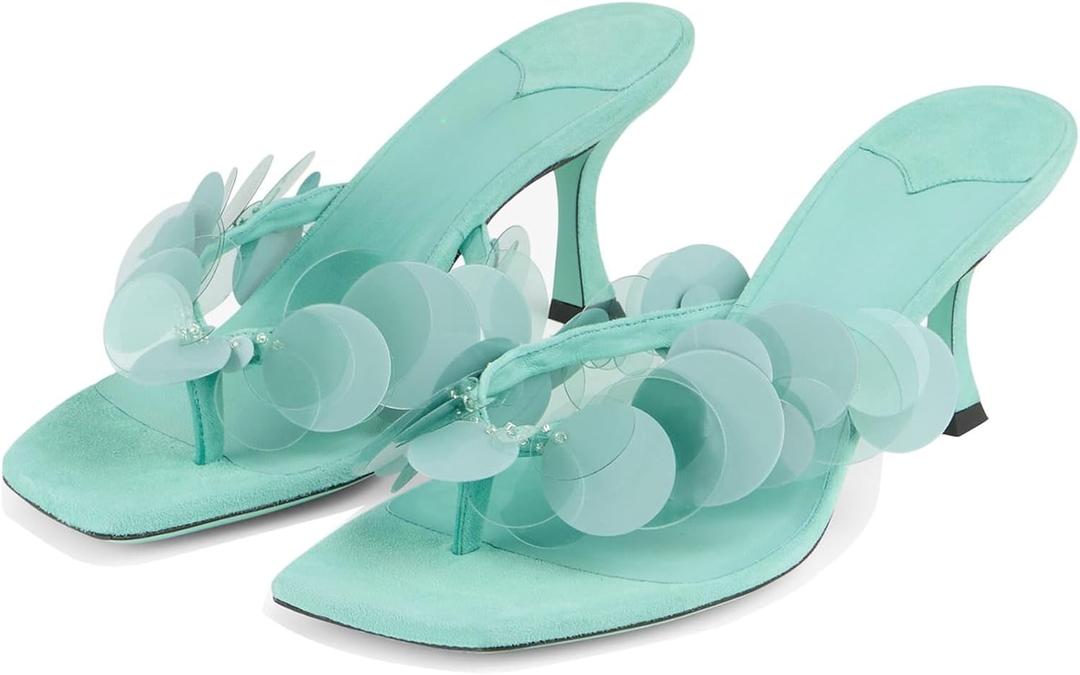 Goolita Women's Suede Sequin Kitten Heels Flip Flops Open Square Toe Strappy Thong Slide Heeled Sandals Comfort Prom Party Mules Heels (8.5, Green)