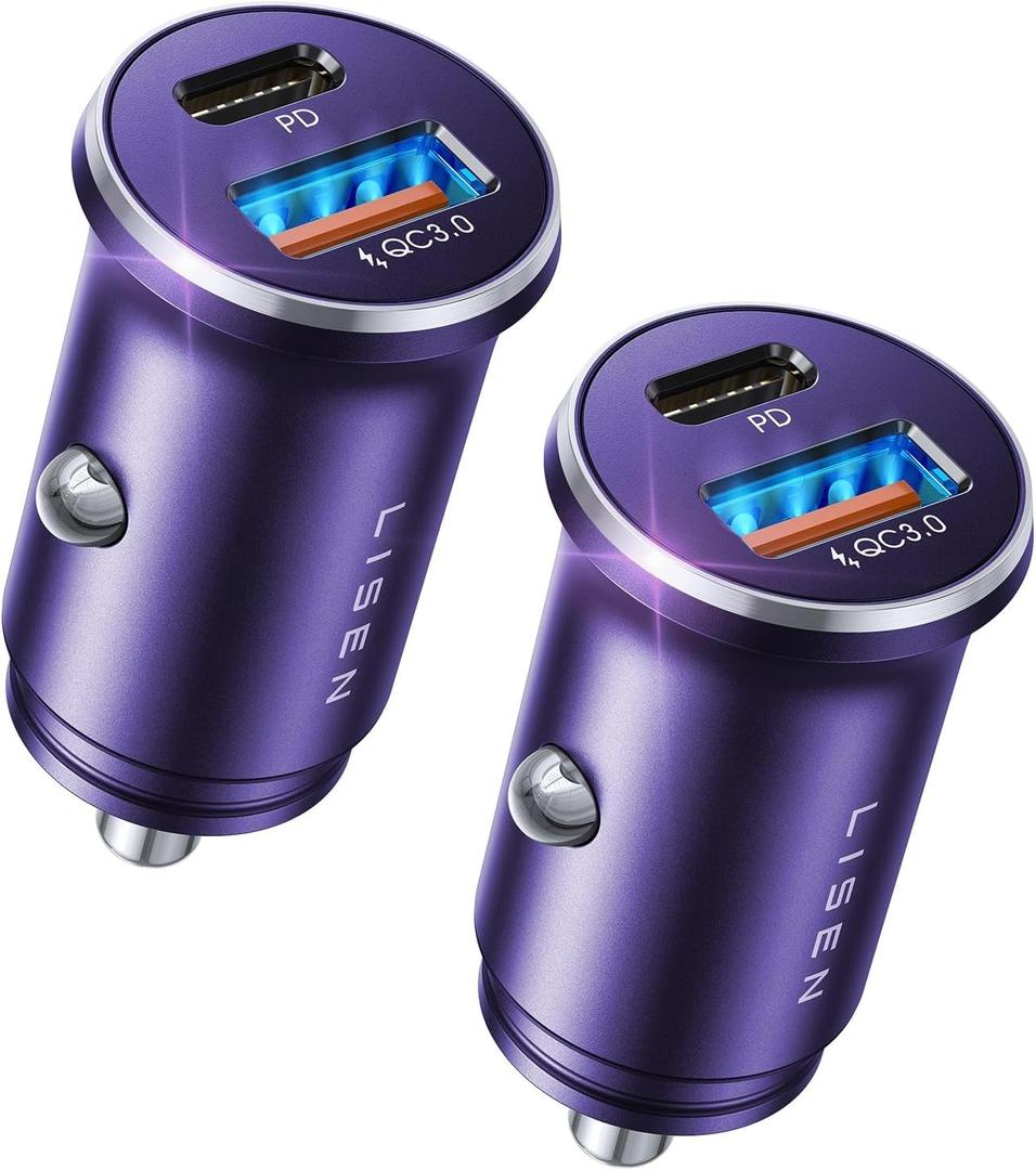 LISEN USB C Car Charger Adapter [2 Pack] [Mini & Metal] Cigarette Lighter USB Charger Fast Charging [PD QC 3.0] USBC Car Phone Charger for iPhone 15 Pro Max Plus 14 Samsung Galaxy S23 iPad Pro, Purple