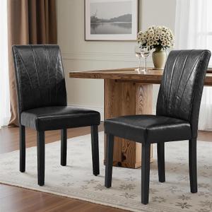VECELO Upholstered Dining Chairs Set of 2, Modern PU Leather Dinning Room Chair with Solid Wood Legs and High Back, Parsons for Kitchen/Living Room- Black