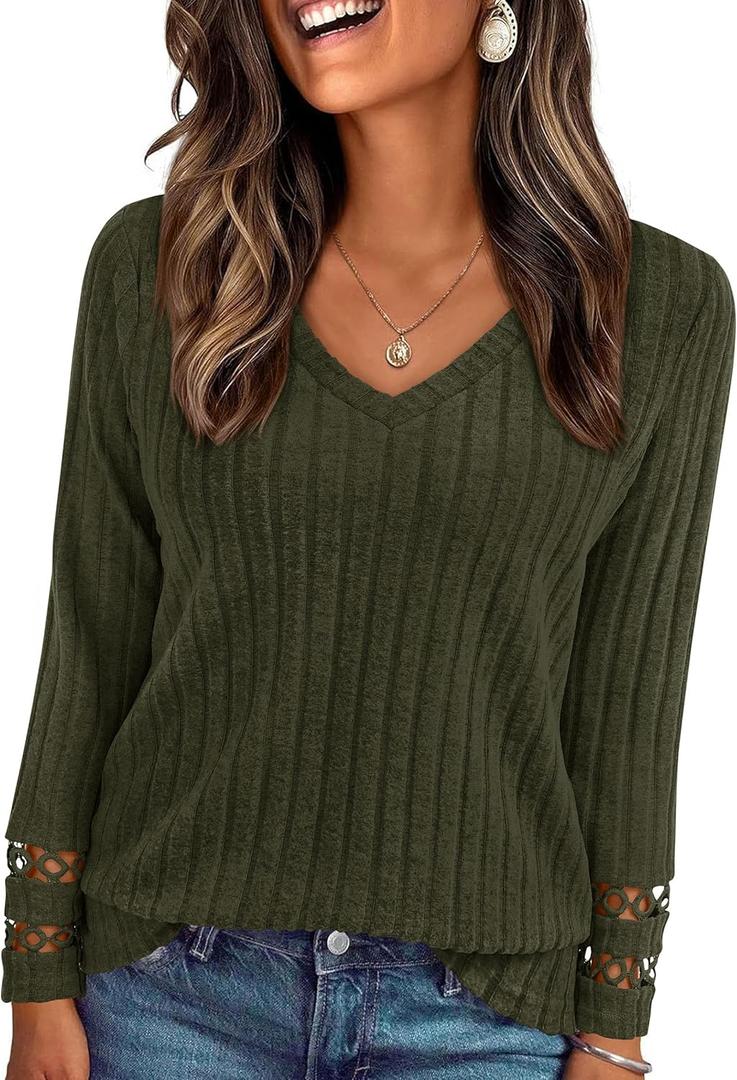 PRETTYGARDEN Women's Long Sleeve Shirts Ribbed Knit V Neck Tee Dressy Casual Blouses Going Out Tunic Tops 2026 Fall Outfits (XXL)