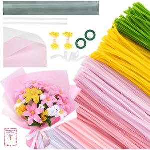 600PCS Pipe Cleaners Craft, Pipe Cleaner Bulk Flower Kit, 6 Colors Chenille Stems Flower Making Kit with Floral Wires, Gardening Tape, Stamen, Floral Wrapping Paper & Ribbon for Art and Craft Supplies