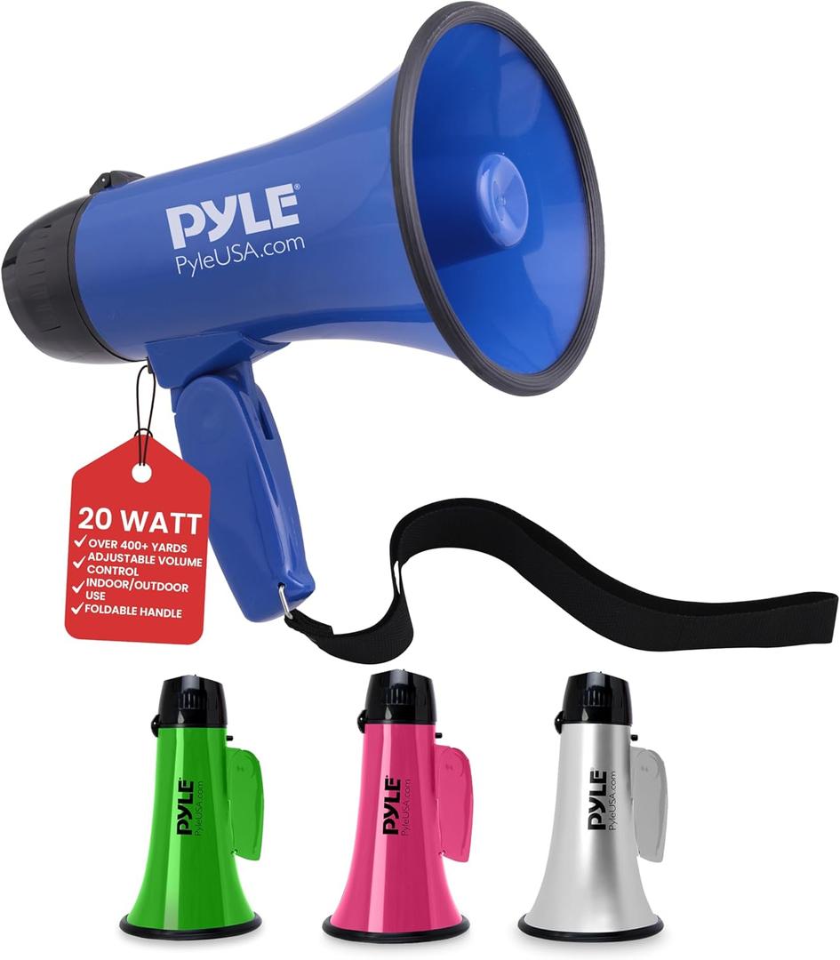 Pyle PMP21BL Portable Megaphone Speaker Siren Bullhorn - Compact and Battery Operated with 20 Watt Power, Microphone, 2 Modes, PA Sound and Foldable Handle for Cheerleading and Police Use, Blue Pyle PMP21BL Portable Megaphone Speaker Siren Bullhorn - Compact and Battery Operated with 20 Watt Power, Microphone, 2 Modes, PA Sound and Foldable Handle for Cheerleading and Police Use, Blue