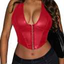 Women's Y2K Leather Halter Top Backless Corset Bustier Top Lace Up Sexy Going Out Crop Tank Halter Neck Party Club, XS