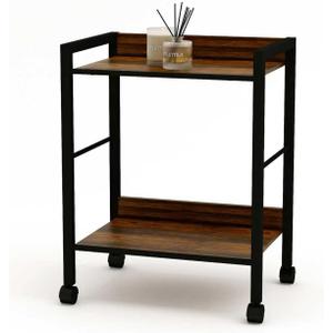 2-Tier Rolling Utility Cart Night Stand Organizer with Brown Wood Shelves and Black Metal Frame, End Side Table Storage Trolley on Wheels for Kitchen Office, Bathroom, Living Room