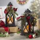 Gerson Set of 2 Battery Operated Lighted Christmas Metal Holiday Lanterns with Floral Accents and Timer
