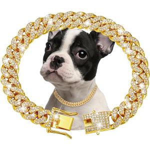 Gold Dog Chain Collar Diamond Cuban Link Dog Collar 13mm Wide Dog Necklace Metal Cat Chain Pet Crystal Collar Jewelry Accessories for Small Medium Large Dogs Cats(10inch)