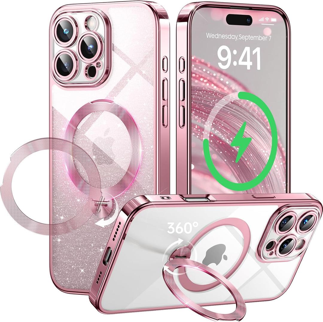 360° Spin CD Stand for iPhone 16 Pro Max Case Compatible with Magsafe Ring [Never Yellow][DIY Glitter Cardstock] Camera Protection Plating Clear Cute Phone Case for Women Girls 6.9'', Pink
