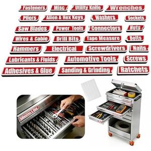 26 PCS Magnetic Tool Box Labels Set, Soft Magnetic Labels for Toolboxes, Carts, Drawers & Cabinets, Thickened Design, Includes 60 Adhesive Dots, Reusable, Tool Box Organizer Accessories (Red)