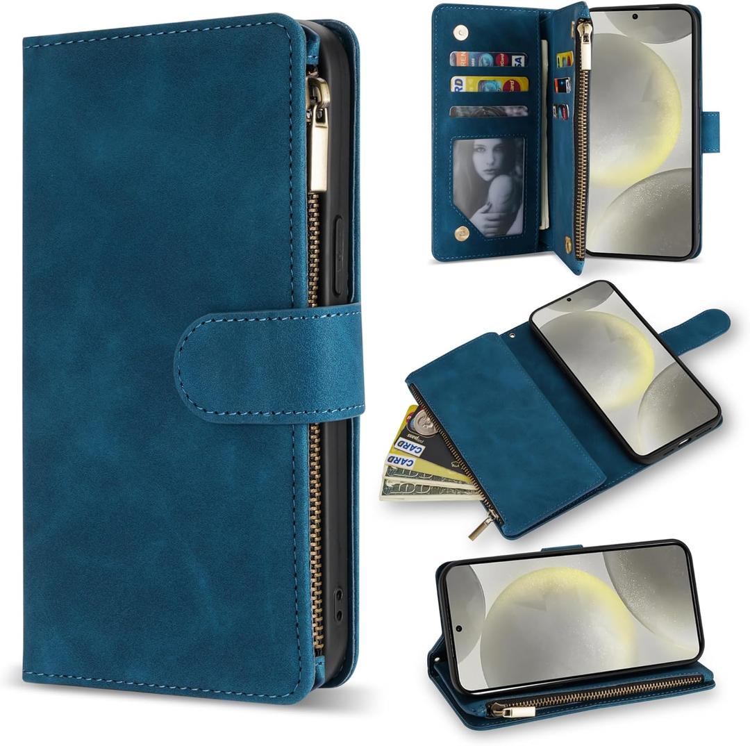 ZZXX for Samsung Galaxy S24 Wallet Case with RFID Blocking Card Slot PU Leather Zipper Flip Folio with Strap Kickstand Protective Cover for Samsung Galaxy S24 Case Wallet(Blue-6.2 inch)