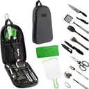 Life2Go 12 Piece Camp Cooking Utensil Set & Outdoor Kitchen Gear Cookware Kit, Portable Compact Carry Case for Camping, Hiking, Travel, BBQ Grilling Stainless Steel Accessories Spoon & Fork, Gray