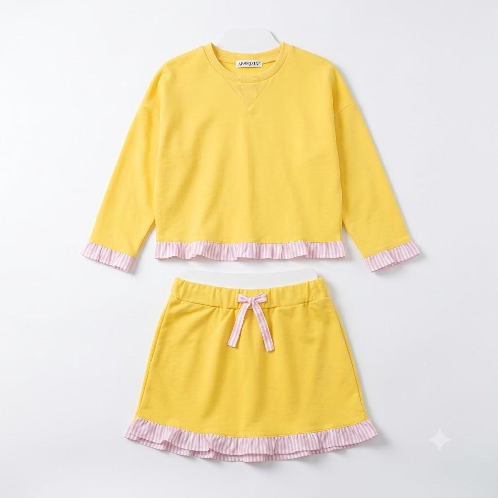 APWEQATA Gilrs Lounge Sets Drop Sleeve Tops and Shorts Outfits Cute Kids Color Block Ruffle Tracksuit For Home(Yellow,140)
