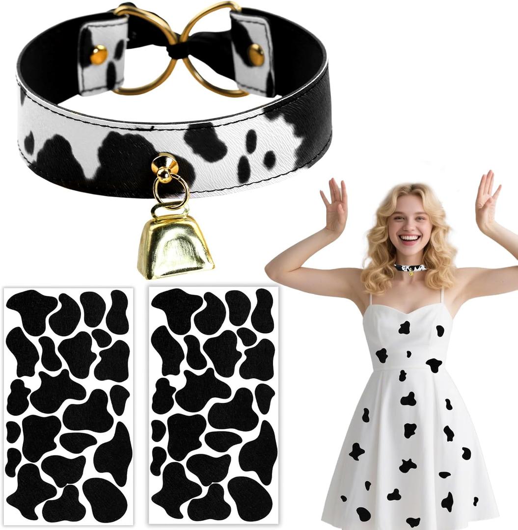 Cow Costume Accessories for Women - Cow Bell Choker & Felt Print Stickers, Cowbell Necklace Collar Outfit for Adult, Halloween Animal Cosplay Costumes DIY Dress Up