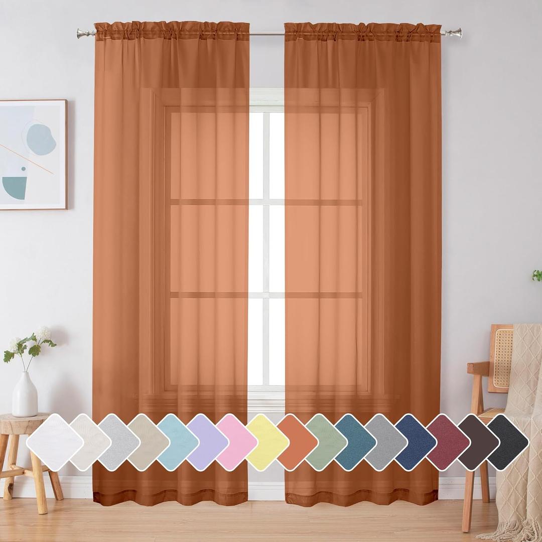 Simplebrand Orange Sheer Curtains 84 Inches Long, Light Filtering Rod Pocket Solid Color Window Sheer Curtain Panels, Elegant Curtains & Drapes for Living Room, Bedroom 2 Panels (42" W x 84" L)