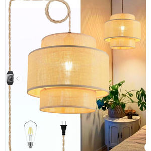 QIYIZM Plug in Pendant Light Hanging Lights with Plug in Cord Hanging Lamp Rattan Boho Dimmable, Wicker Bamboo Woven Lamp Shade, Plug in Ceiling Light Fixture for Living Room Bedroom 