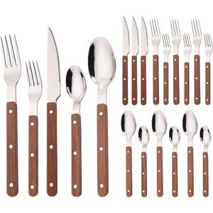 20-Piece Silverware Eating Utensils Set with Retro Handle, Service for 4, BRIIEC Stainless Steel Flatware Knife Fork Spoon Set Mirror Dishwasher Safe - Brown Handle