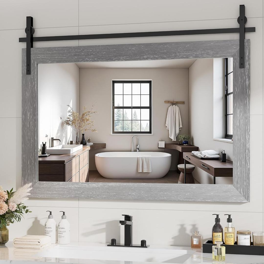 Hasipu Farmhouse Bathroom Mirror, 40"x26" Rustic Wood Framed Wall Mounted Mirror, Gray Vintage Vanity Mirror Barn Door Style Decrative Mirrors (Grey)