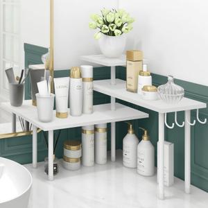 Homode Kitchen Countertop Organizer Corner Shelf, Bathroom Counter Organizers and Storage, 3 Tier Wood Shelf Organizer Space Saver for Make Up, Dresser Table, Desktop, White (White, With Hooks)