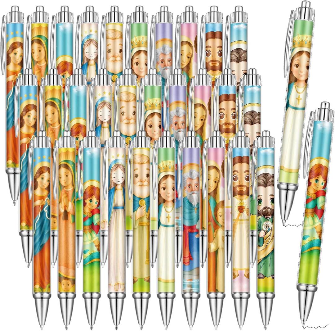 AmazingSpark 50 Pcs Catholic Pens, First Communion Religious Favors with Bible Verse, Smooth Writing Ballpoint Pens Catholic Saints Gift Bulk for End of Years Church Party Favors (Cartoon)
