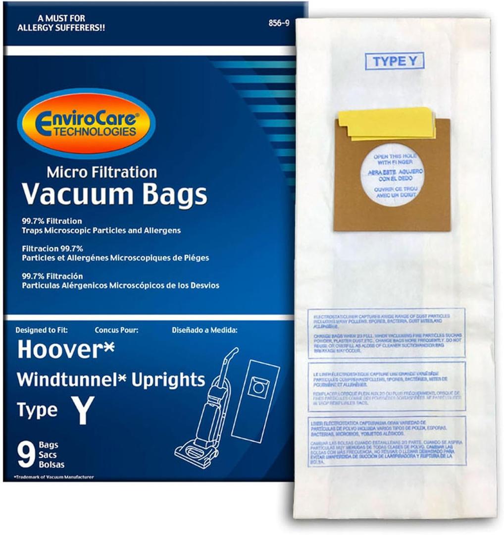 EnviroCare 859-9 Type Y Vacuum Bag Replacement for Hoover WindTunnel Uprights and Hoover Vacuums, 9 Pack