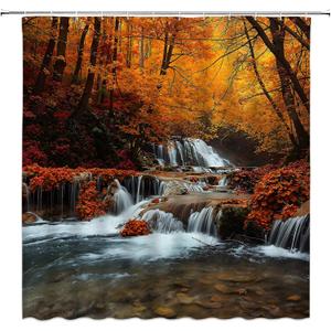 Fall Forest Shower Curtain Autumn Tree Woodsy Waterfall Stream Rustic Foggy Nature Landscape Fabric Bathroom Decor Sets with Hooks