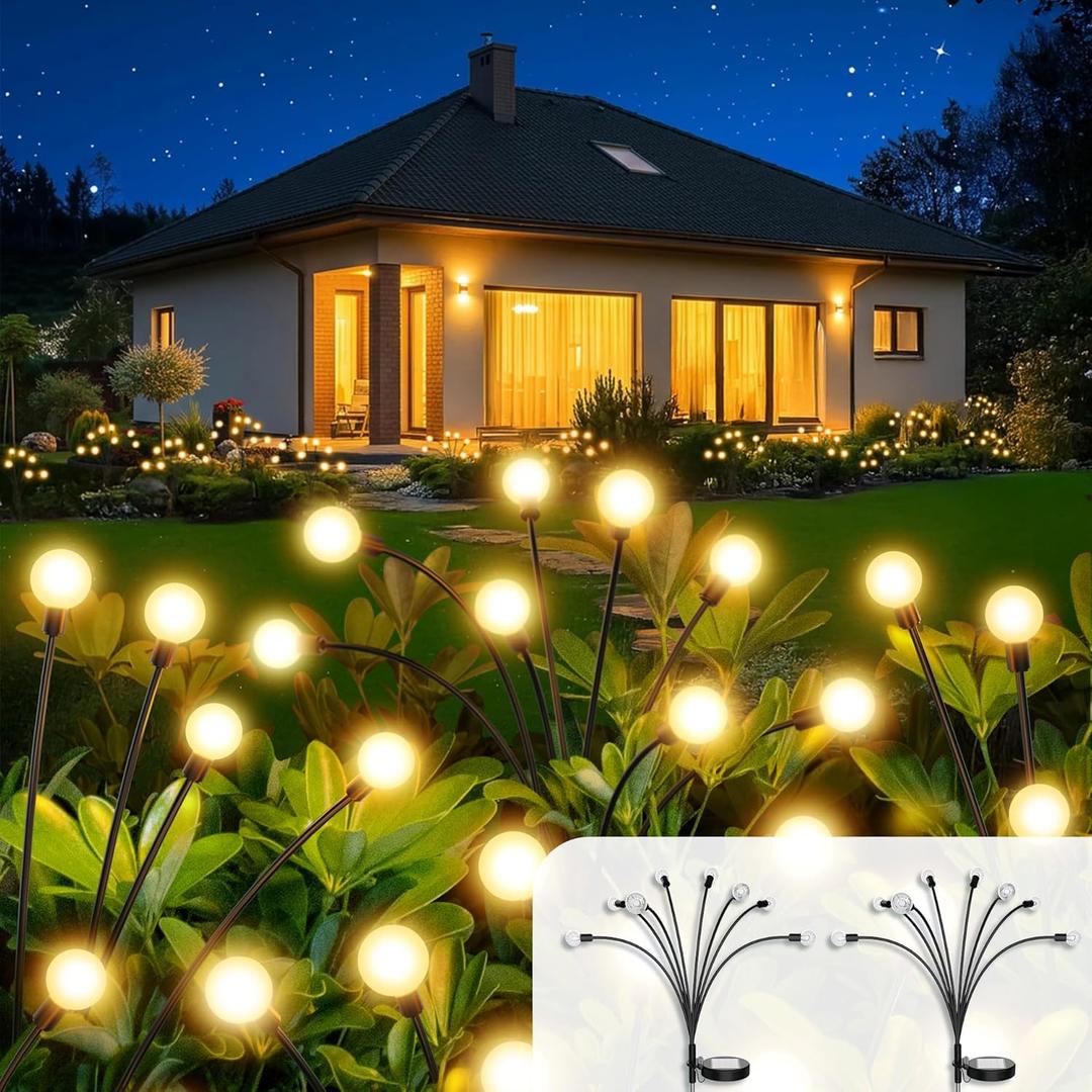 Vibrant Solar Garden Lights, Ultra Bright Solar Powered Firefly Lights Outdoor Waterproof, High Flexibility Starburst Swaying Light, 8 LED Landscape Lighting Decorative for Pathway Patio Yard (2 Pack, Warm White)