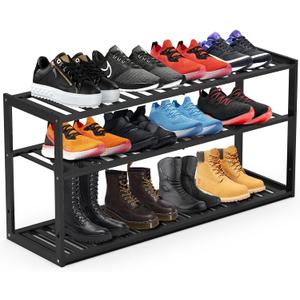 Bamboo Shoe Rack for Closet, Stackable 3 Tier Longer Shoe Organizer Shelf Holder Storage 12-15 Pairs for Entryway Door Hallway Bedroom Garage Space Saving Foldable Black
