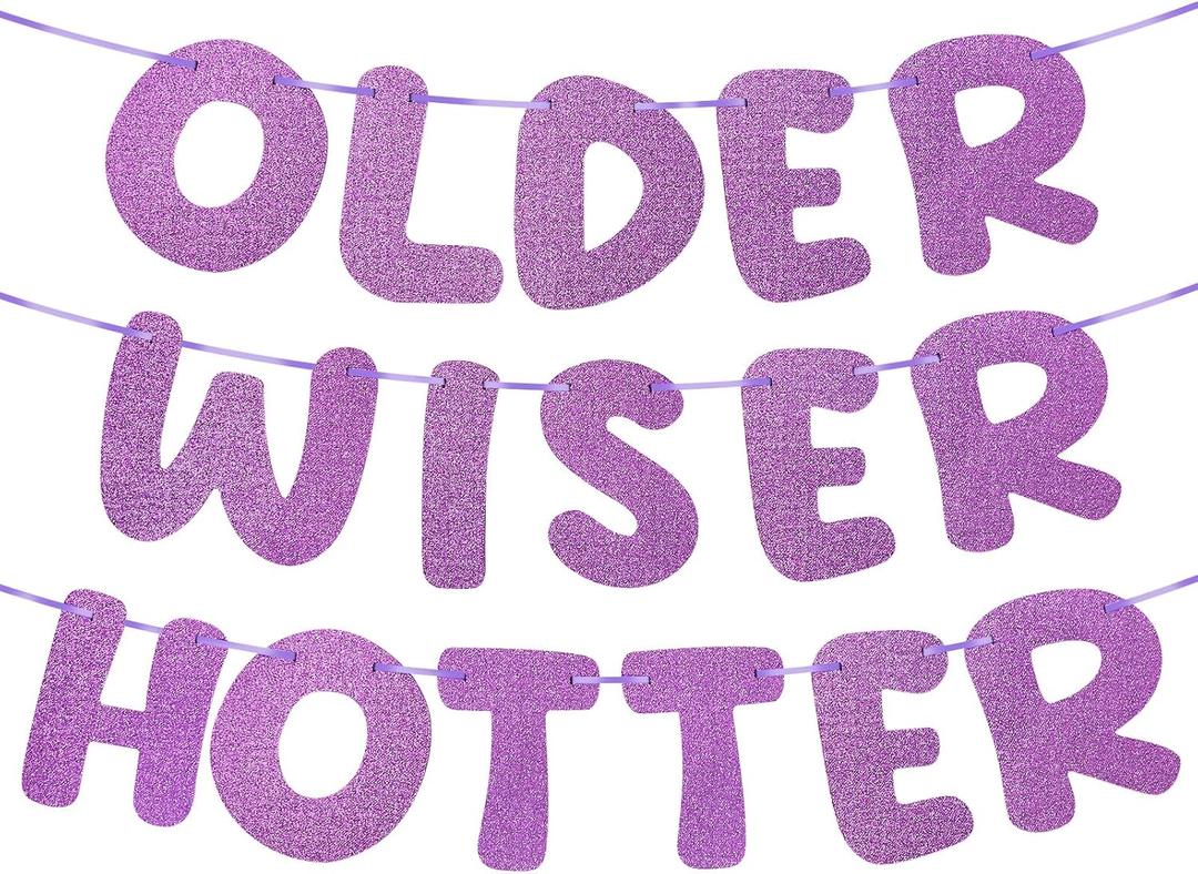 Pre-strung Felt Older Wiser Hotter Banner - No DIY - Purple Glitter Happy Birthday Party Decorations - No Assembly on 7.2 ft Strands - Reusable Birthday Party Garland for Men & Women