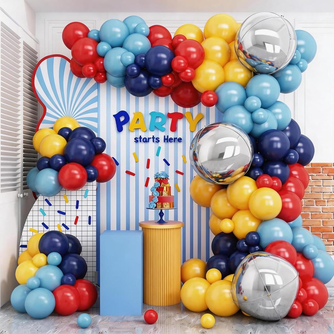 Jobkoo Red Blue Yellow Balloon Arch Kit with 4D Silver Ball Foil Balloons, Dusty Navy Blue Red Yellow Latex Balloons Garland for Carnival Circus Birthday Baby Shower Party Decorations