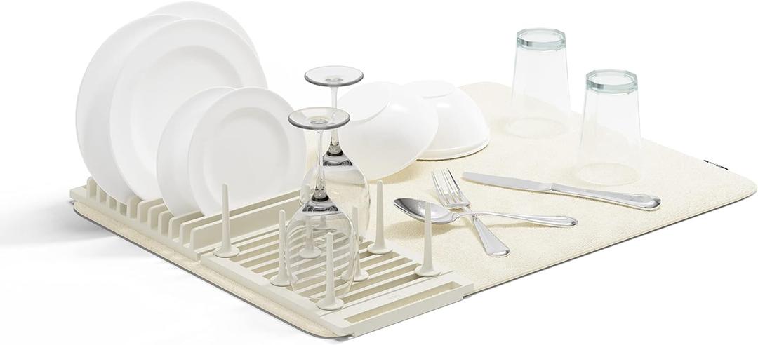 Umbra Udry Dish Rack with Movable Pegs and Microfiber Drying Mat  Space-Saving Design Folds Up for Easy Storage, Basic Rack, Linen