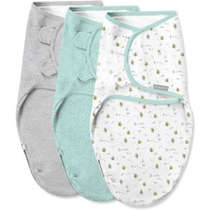 SwaddleMe by Ingenuity Easy Change Baby Swaddle in Size Small/Medium, 0-3 Months, 7-14 Pounds, 3-Pack with Easy Change Zipper - Little Bees