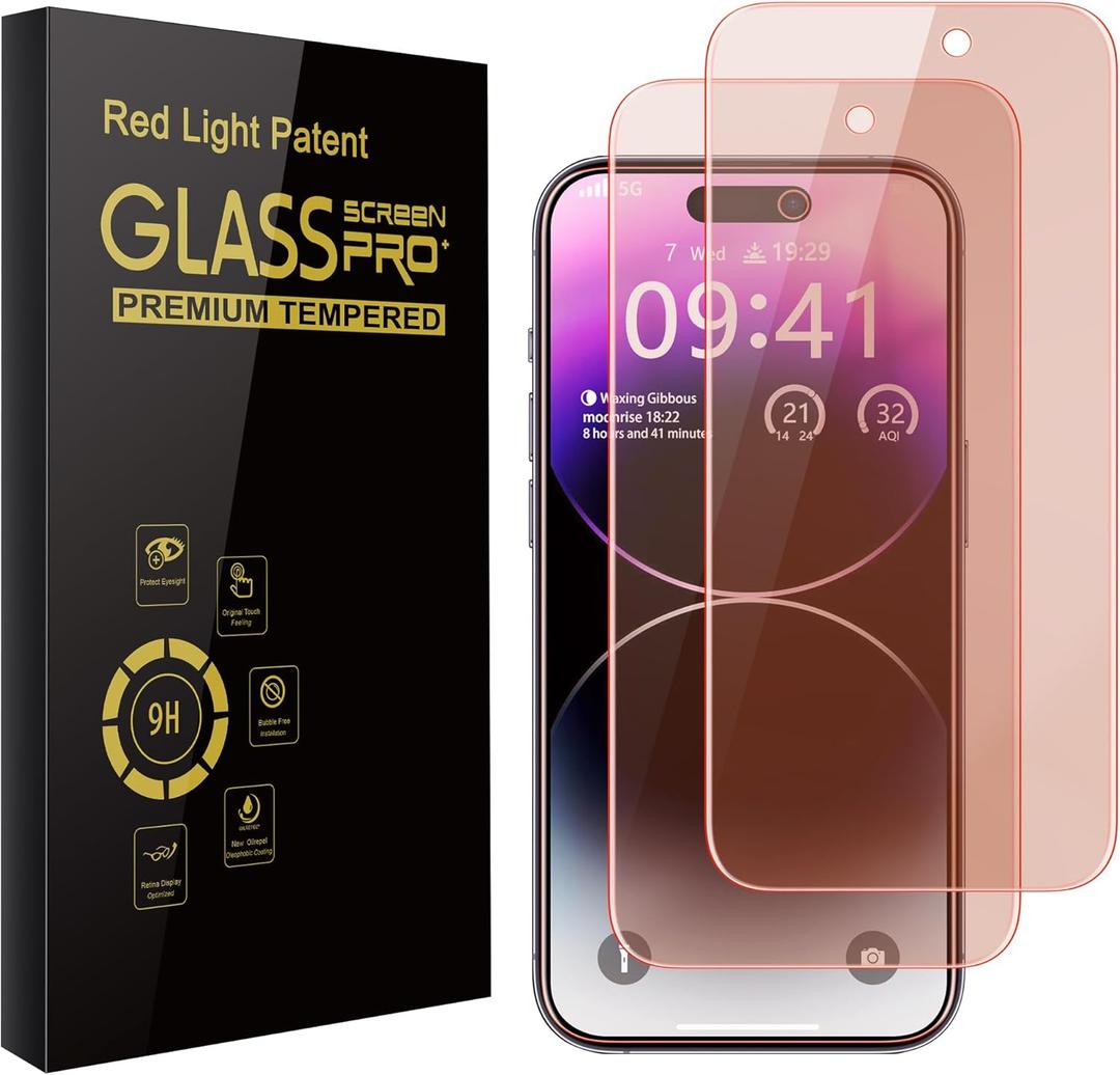 Screen Protector for iphone 15 Pro, 2 Pack Red Light Screen Protector for iPhone 15/15 Pro 6.1 Inch, New Red Light 9H Tempered Glass Screen Protector Upgraded Protection, Anti-Blue Light, Anti-Reflection, Patented Eye Protection.