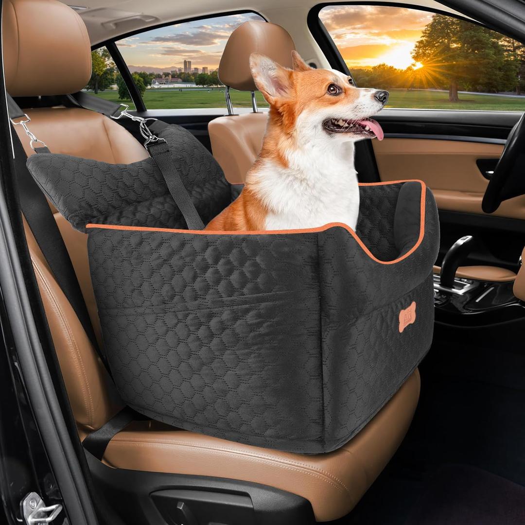 Dog Car Seat - Memory Foam Dog Booster Seats for Small Dogs Up to 25lbs-Elevated Pet Car Seat with Storage Pockets and Dogs Seat Belt-Pet Travel Bed for Front & Back Seats-Removable Washable-Black