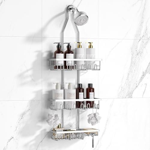Amawarm Shower Caddy,Rustproof Shower Shelves Over Shower Head,Triple Adjustable Storage,Silver
