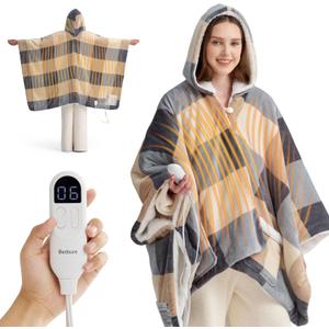 Bedsure Heated Blanket Wearable Shawl - Electric Wrap Poncho Blanket Hoodie Adult as Winter Gifts for Mom Women Girlfriend, Warm Sherpa Heating Throw, Auto Shut Off, 55x64 inches, Beige Plaid Pattern