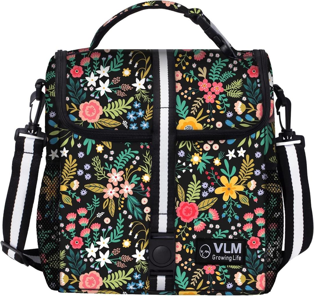 VLM Lunch Box for Women, Insulated Lunch Bag Women with Adjustable Shoulder Strap, Cute Lunch Tote Bag for Work,Picnic,Camping (Medium, Colorful-Floral)