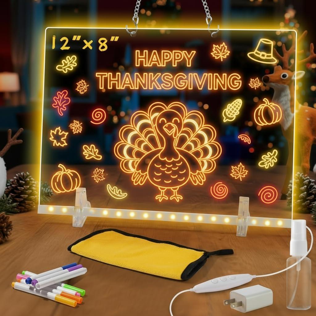 Lumiboard Led Drawing Board with 7 Colors, Light Up Acrylic Cosmody Drawing Board, Glowing Acrylic Dry Erase Board with Light, Thanksgiving Crafts for Kids Thanksgiving Decorations (12“*8”)