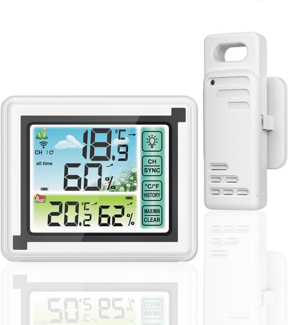 Indoor Outdoor Thermometer Hygrometer Wireless Remote Weather Stations, Humidity Monitor Battery Powered Digital Temperature Gauge with 60m/200ft Range Remote Sensor and Adjustable Backlight