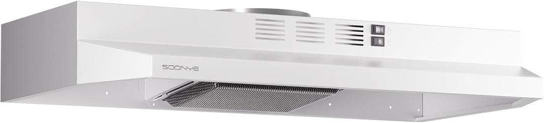 30 inch Stainless Steel Under Cabinet Range Hood, Slim Kitchen Vent Hood Ducted/Ductless Convertible with 2 Speed Exhaust Fan, 3-Layer Aluminum Filters,LED Lights,White
