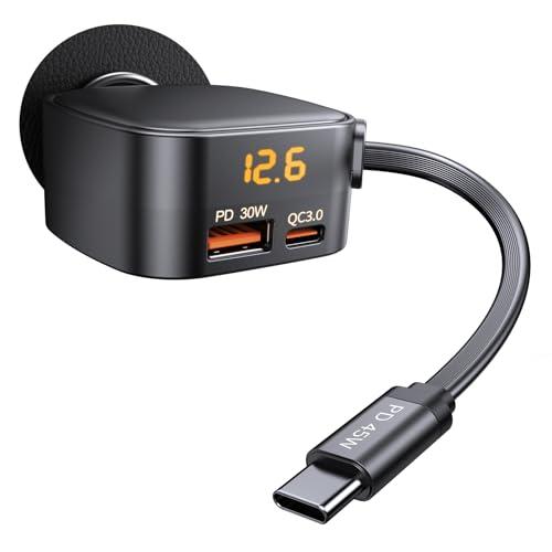 ANEXTIDE Retractable Car Charger USB C, 93W Fast Charging Car Charger Adapter with Voltage Display, [QC3.0 & PD 45W] 12-24V Cigarette Lighter USB Charger Adapter for iPhone 17 16 Galaxy iPad Android