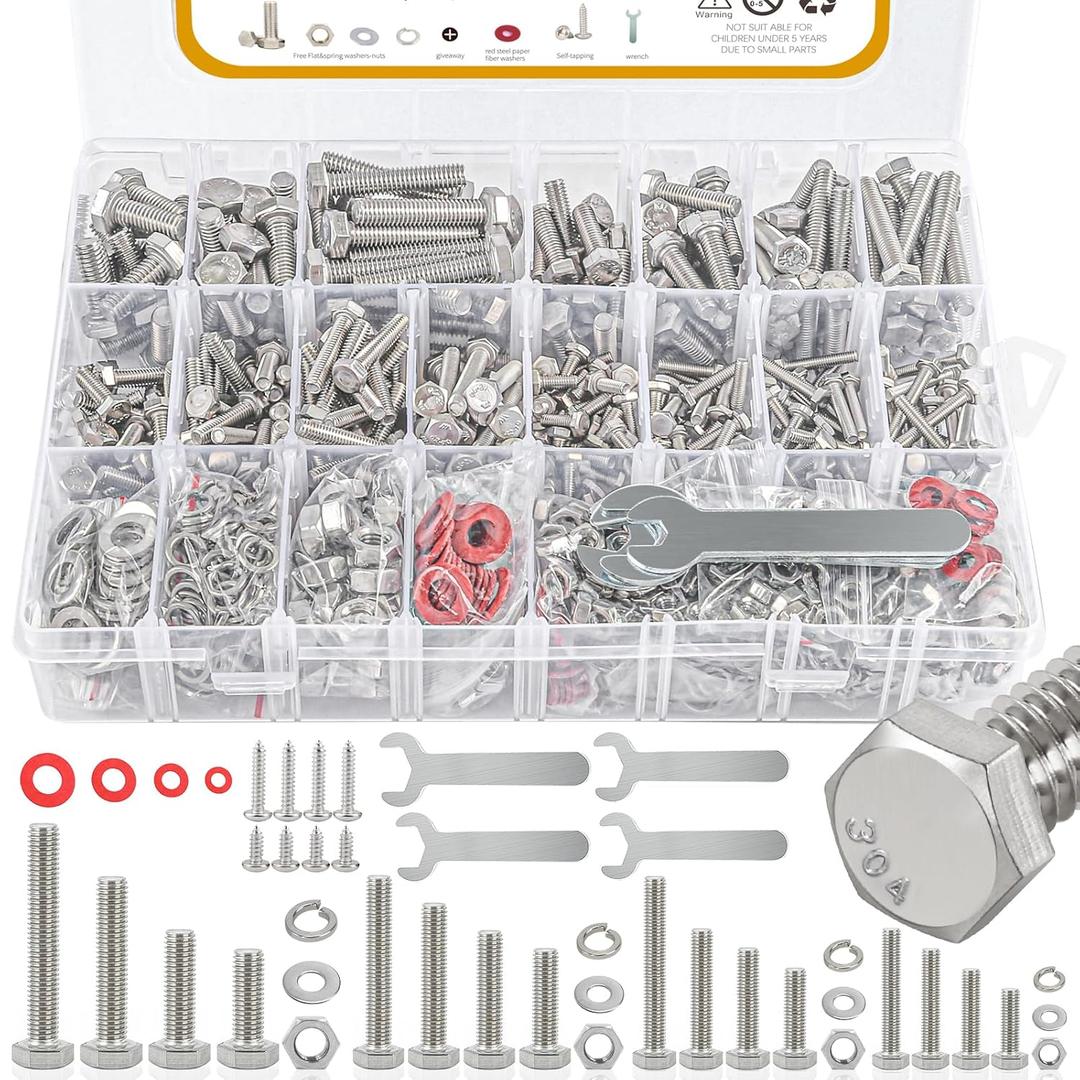 780pcs Hex Bolts and Nuts kit, 304 Stainless Steel M6 M5 M4 M3 Metric Bolt Assortment (Lock & Flat Washers), Stainless Steel Bolts and Nuts kit, Metric Screw Assortment
